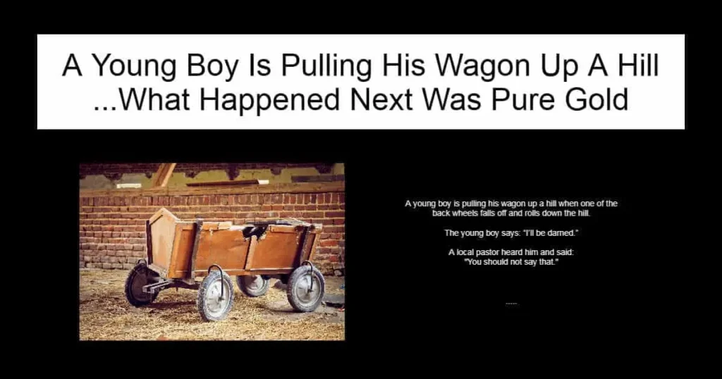 A Young Boy Is Pulling His Wagon Up A Hill
